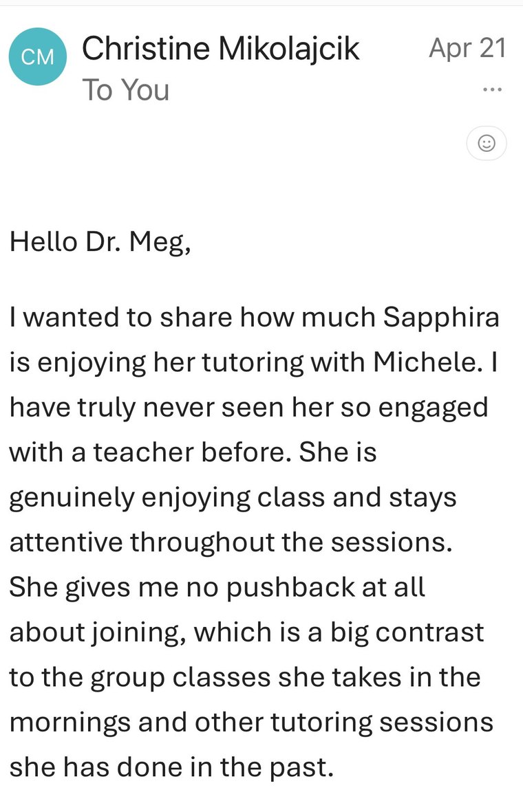 Email from Sapphira's mom about her tutoring